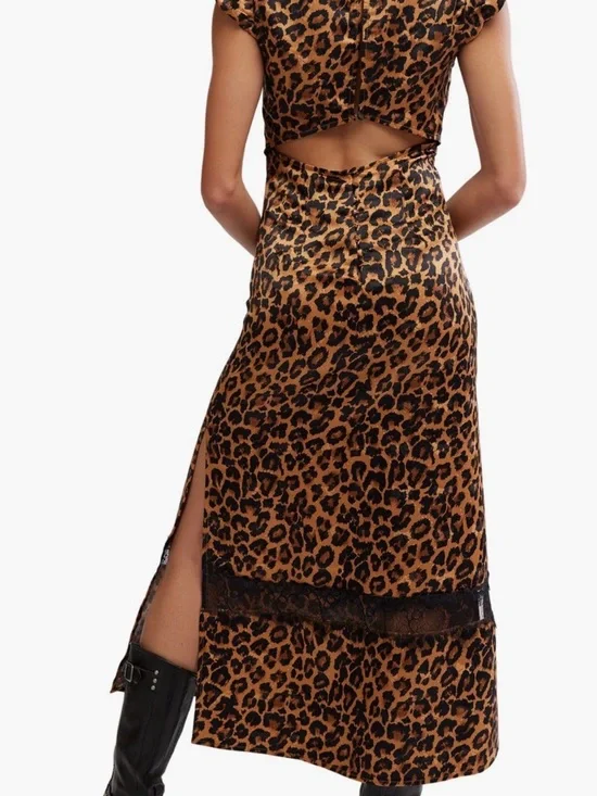 Free People Leopard Print Slip Dress with Black Lace Trim - Picture 2 of 9